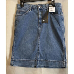 Lee Size 10M Mid Rise Essential Indigo Knee Length Denim Skirt Cargo Stretch NEW